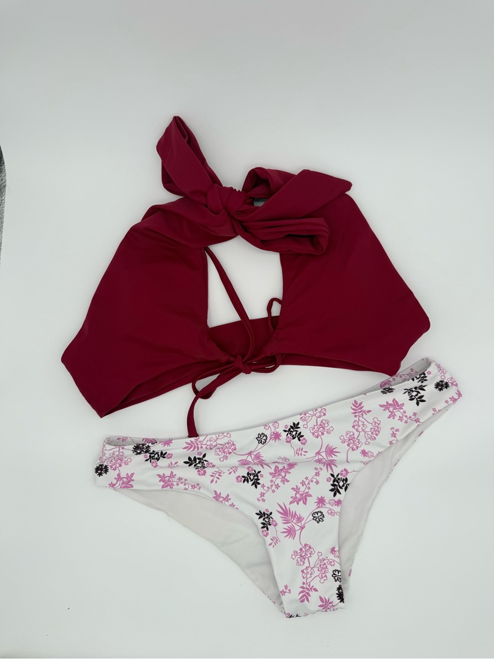 CUPSHE Floral Bikini Bottoms Size S + Burgundy Wrap Bikini Top 2 Piece Set